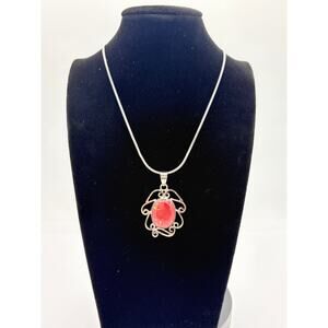 Sterling Silver Red Jasper Pendant Necklace with Ornate Scrollwork